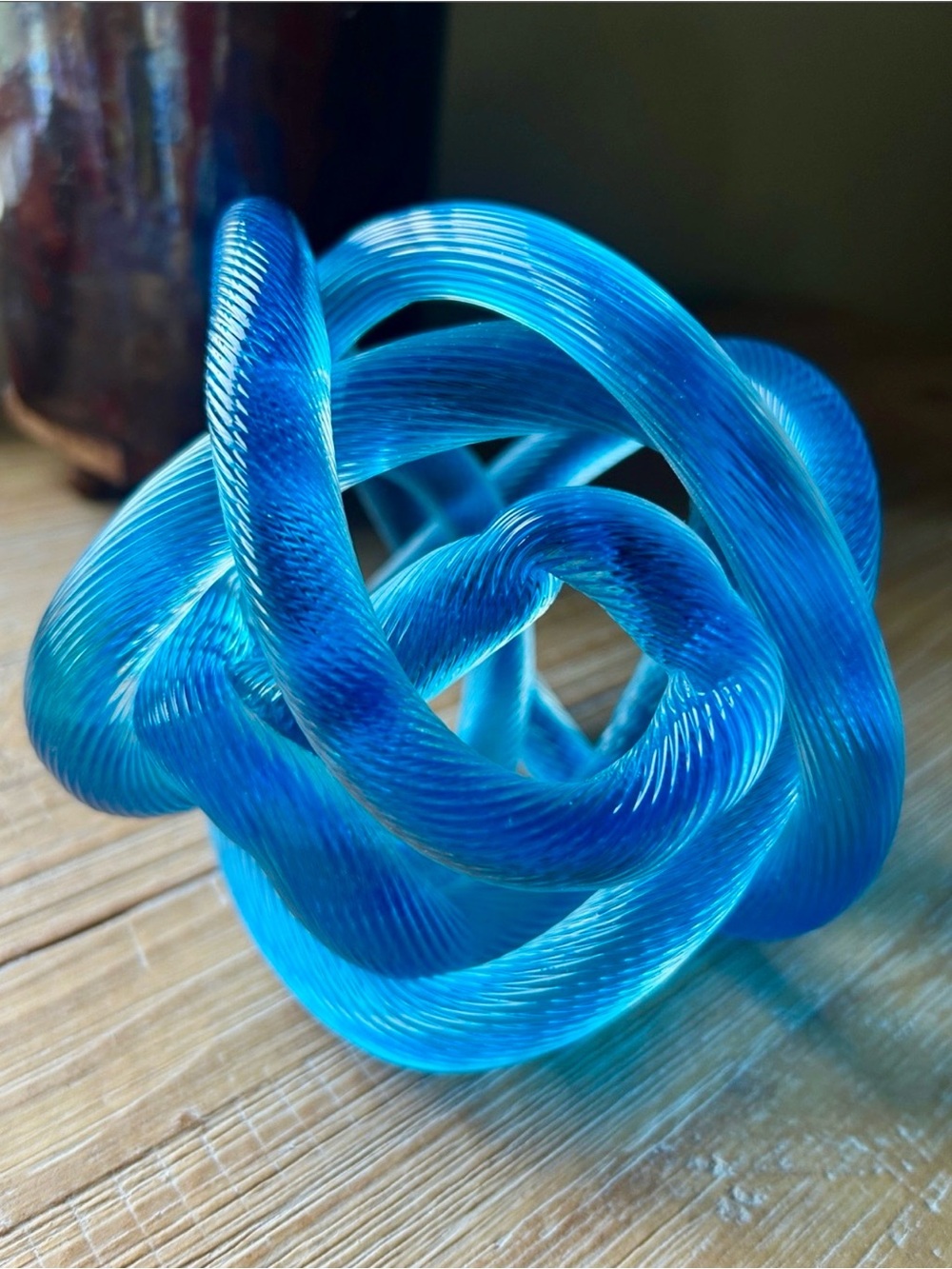 Large Vintage MCM Blue Art Glass Orb Twisted Rope Knot Hand Blown Sculpture. - Picture 8 of 11